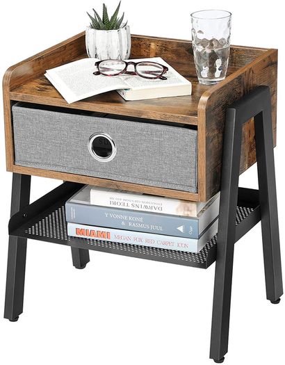 _Bedside Tables, Industrial Nightstand, End Table with Removable Fabric Drawer, Mesh Shelf, Metal Frame, for Living Room, Bedroom, Balcony, Rustic Brown