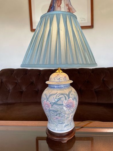 Pretty Oriental Pastel Floral Ginger Jar Lamp Base with Wooden Plinth Base