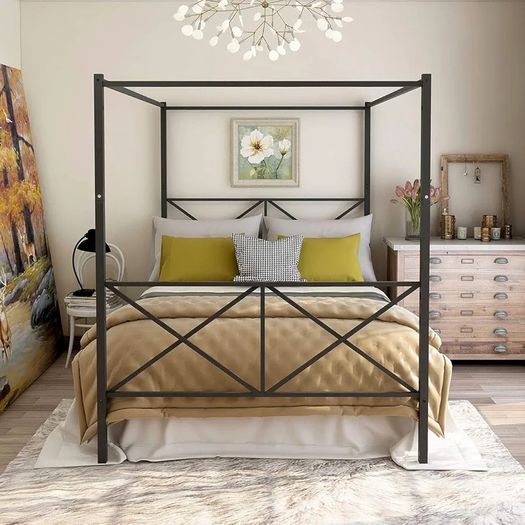 Canopy Bed Frame King Size with Metal Headboard and Footboard Modern Style Steel Bed Platform Heavy Duty Slats Bed, Black