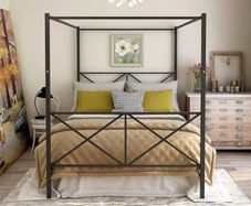 Canopy Bed Frame King Size with Metal Headboard and Footboard Modern Style Steel Bed Platform Heavy Duty Slats Bed, Black