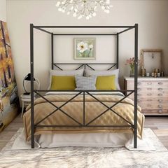 Canopy Bed Frame King Size with Metal Headboard and Footboard Modern Style Steel Bed Platform Heavy Duty Slats Bed, Black