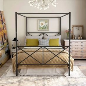 Canopy Bed Frame King Size with Metal Headboard and Footboard Modern Style Steel Bed Platform Heavy Duty Slats Bed, Black