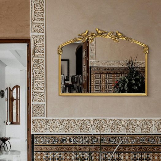 Antique Gold Baroque Mirror 64X48Hcm - Vintage Cast Iron Frame with Hand-Carved Resin Florals, Shatterproof