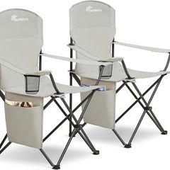 Set of 2 Folding Camping Chairs, Extra-Wide Lightweight Outdoor Chairs with Armrests, Cup Holder and a Side Pocket, 120kg Capacity per Chair - Grey