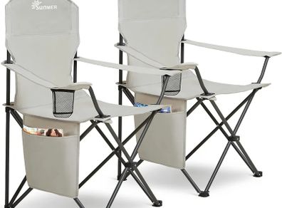 Set of 2 Folding Camping Chairs, Extra-Wide Lightweight Outdoor Chairs with Armrests, Cup Holder and a Side Pocket, 120kg Capacity per Chair - Grey
