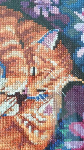 Stunning Handmade Cross Stitch Embroidery - Cats in flowers