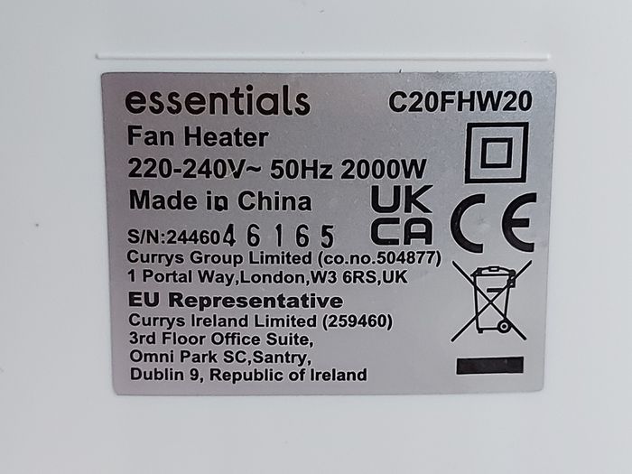 Essentials FAN Heater, Model C20FHW20, Working perfect, Fan for cool air, 2 settings for Heat, Low and High, Excellent condition