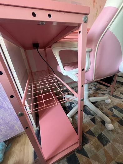 L Shaped Desk with Power Outlets & LED Lights & Pink Gaming Chair for Girls