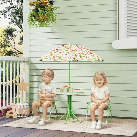 4-Piece Kids Garden Table and Chair Set with Adjustable Parasol, Folding Chairs, Table, Nature Pattern, Green