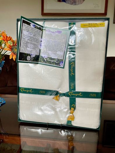 Boxed Vintage Irish Linen Damask Tablecloth Antique White