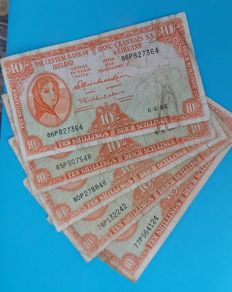 Irish 5 X 1968 Lavery ten shilling banknots in used condition