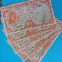 Irish 5 X 1968 Lavery ten shilling banknots in used condition