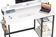 Computer Desk with Full Monitor Stand,120 cm Home Office Desk with Reversible Storage Shelves,Small Study Desk with Headphone Hook and Cup Holder,White