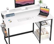 Computer Desk with Full Monitor Stand,120 cm Home Office Desk with Reversible Storage Shelves,Small Study Desk with Headphone Hook and Cup Holder,White
