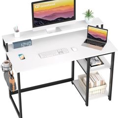 Computer Desk with Full Monitor Stand,120 cm Home Office Desk with Reversible Storage Shelves,Small Study Desk with Headphone Hook and Cup Holder,White