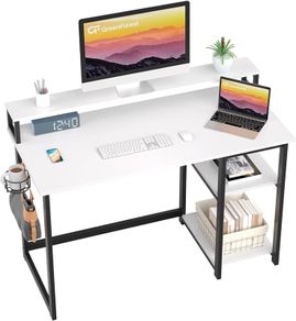 Computer Desk with Full Monitor Stand,120 cm Home Office Desk with Reversible Storage Shelves,Small Study Desk with Headphone Hook and Cup Holder,White
