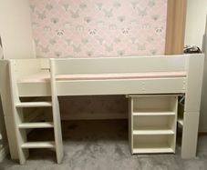 White Mid-Sleeper Cabin Bed with Pull-Out Desk, Shelves & Euro Single Mattress