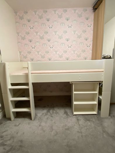 White Mid-Sleeper Cabin Bed with Pull-Out Desk, Shelves & Euro Single Mattress
