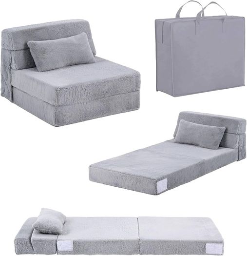 Convertible Folding Kids Sofa Bed with Pillow & Storage Bag, Plush Fabric Floor Mattress Couch Bed, Washable Cover, Kids Room, Playroom, Dorm, Apartment, White Grey