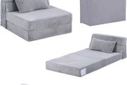 Convertible Folding Kids Sofa Bed with Pillow &amp; Storage Bag, Plush Fabric Floor Mattress Couch Bed, Washable Cover, Kids Room, Playroom, Dorm, Apartment, White Grey