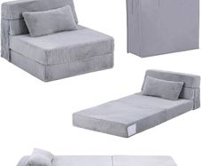 Convertible Folding Kids Sofa Bed with Pillow & Storage Bag, Plush Fabric Floor Mattress Couch Bed, Washable Cover, Kids Room, Playroom, Dorm, Apartment, White Grey