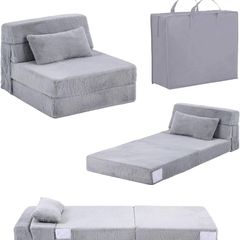 Convertible Folding Kids Sofa Bed with Pillow & Storage Bag, Plush Fabric Floor Mattress Couch Bed, Washable Cover, Kids Room, Playroom, Dorm, Apartment, White Grey