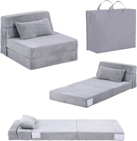 Convertible Folding Kids Sofa Bed with Pillow & Storage Bag, Plush Fabric Floor Mattress Couch Bed, Washable Cover, Kids Room, Playroom, Dorm, Apartment, White Grey