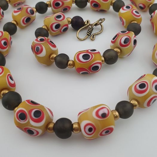 Antique Venetian African Style Thousand Eyes & Black Glass Beads Necklace