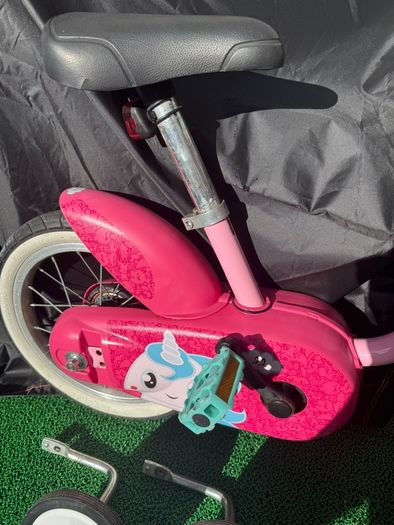 Decathlon B'TWIN 14" Kids Bike (Pink / Unicorn) + Basket, Bell & Stabilisers