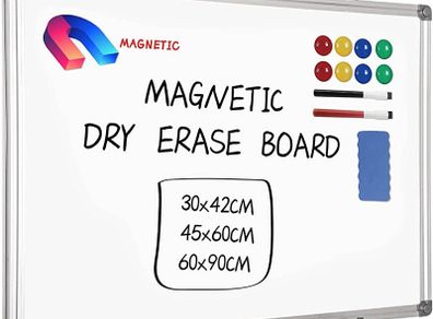 Magnetic Whiteboard, 45x60cm Dry Erase Board Aluminium Frame Wall Mounted White Board with Pen Tray and Accessories, Notices & Reminders Board for Office & Classroom (FREE POSTAGE)