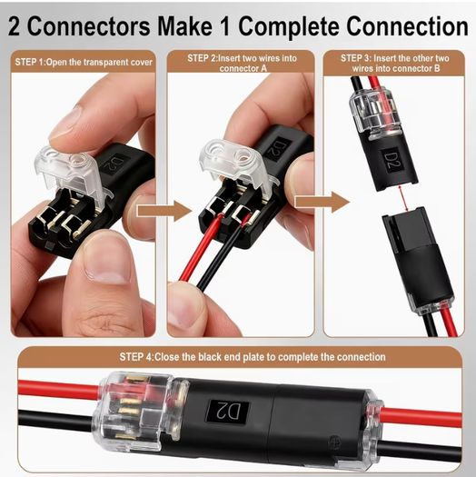 120pcs Double Wire Plug-In Connectors, 2-Pin Low Voltage Quick Connectors with Locking Buckle, No-Stripping Connectors for 18-22 AWG LED Strip, Speaker Wire, Wiring