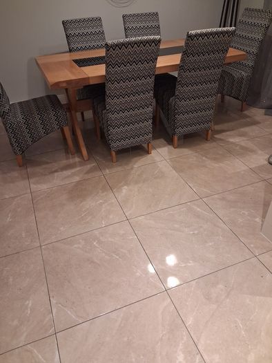 Oak dining table with black glass insert and 6 chairs