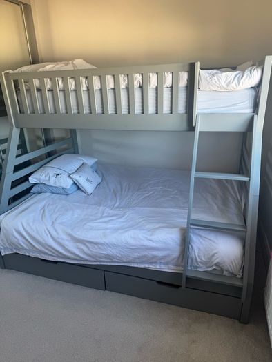 Grey Double and single bunk bed with two large storage drawers