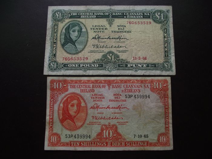 Two Lady Lavery Notes: 10 shillings (1965) & 1 Pound (1966)