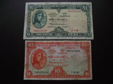Two Lady Lavery Notes: 10 shillings (1965) & 1 Pound (1966)