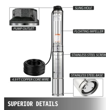 BRAND NEW 4 Inch 0.5HP 25GPM Submersible Deep Well Pump Stainless Steel Water Pump 96L/min 50M Head Garden Agricultural Irrigation
