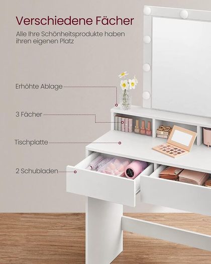 LED Dressing Table with Mirror and Bulbs Cosmetic Table with 2 Drawers and 3 Open Compartments