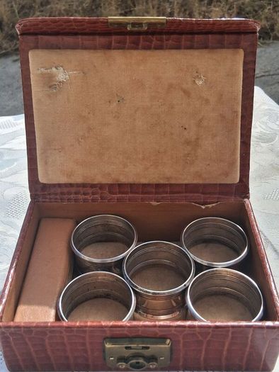 5 X Sterling Silver Napkin Rings With Vintage Leather Case