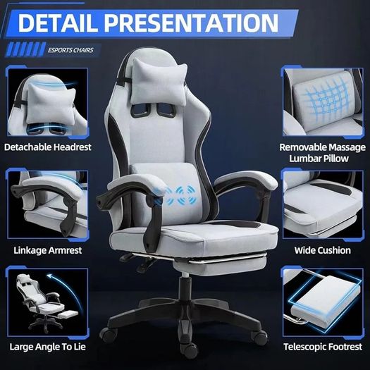 Fabric Massage Gaming Chair, Ergonomic Computer Chair, Video Game Chair, Massage Office Chair, Desk Swivel Chair, Adjustable, Reclining, Footrest, Massage Cushion, Fabric Material, Grey, New