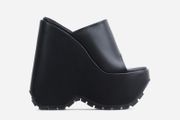 Brand New Open Peep Square Toe Extreme Platform Wedge Heel Mule In Black Faux Leather