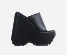 Brand New Open Peep Square Toe Extreme Platform Wedge Heel Mule In Black Faux Leather