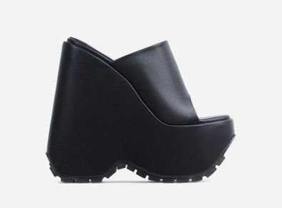Brand New Open Peep Square Toe Extreme Platform Wedge Heel Mule In Black Faux Leather