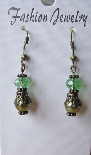 Green Drop Dangle Bronze Plated Fashion Earrings in Olive Drab Green , Free postage