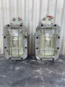 Vintage extremely large Prism Flameproof Explosion proof bulk head lights, reputed to be from Avoca mine. X2