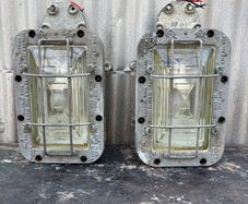 Vintage extremely large Prism Flameproof Explosion proof bulk head lights, reputed to be from Avoca mine. X2
