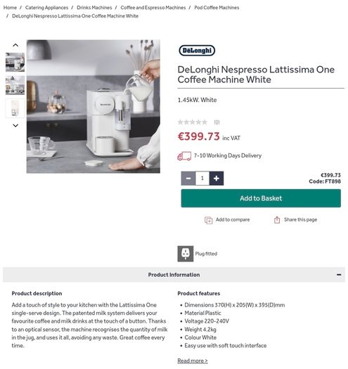 DeLonghi Nespresso Lattissima One Coffee Machine, white