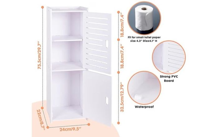 3 Tier Bathroom Storage Cabinet, Freestanding Organizer with Doors, White Waterproof Storage Floor Cabinet for Bedroom, Toilet, Living Room, Kitchen, Balcony, Office