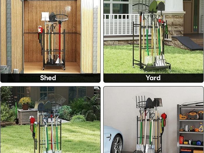 Garden Tool Tower Storage Rack 360 Rotating Garden Tool Holder Stand Storage Organizer Shelf with 6 Wheels Heavy Duty Rolling Tool Cart for Lawn Garage Shed Workshop Patios
