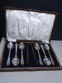 Antique Solid Silver Cased Tea Spoon Set Birmingham 1927