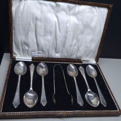 Antique Solid Silver Cased Tea Spoon Set Birmingham 1927